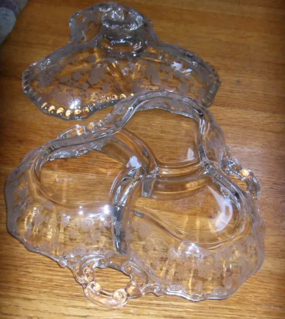 Cambridge Glass Etched ROSEPOINT 8" 3 Part Section 3 Handled Relish Candy Dish 3