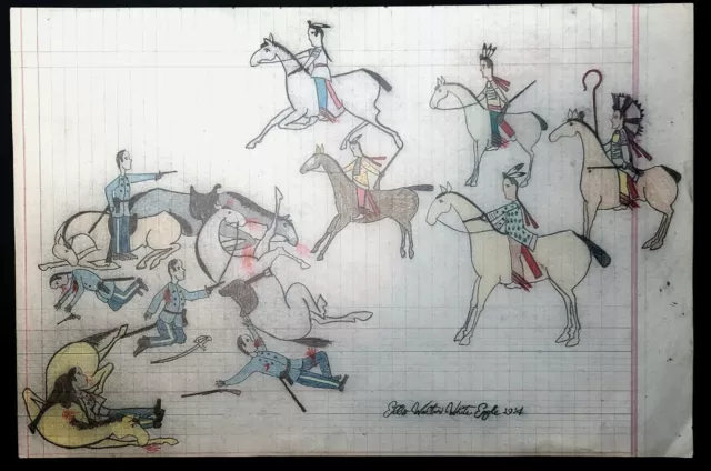 LARGE ORIGINAL INDIAN WARS LEDGER DRAWING. Ellis Walter White Eagle 1914. LARGE ORIGINAL INDIAN WARS LEDGER DRAWING. Ellis Walter White Eagle 1914.