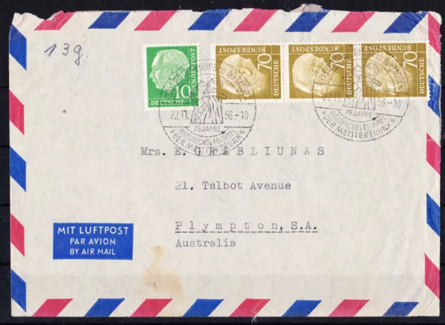 Bund Heuss I, 70Pf, Mi. 191 senkr. 3er-Streifen Luftpostbrief nach Australien