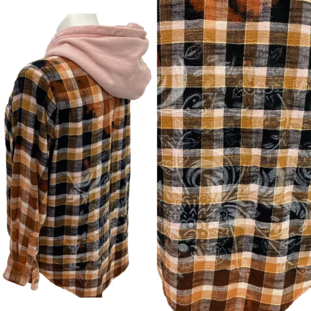 Womens Plaid Button Up Hoodie Size XXL Upcycled Bleach Ombre Stencil Long Sleeve