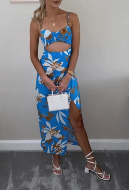 ZARA BLUE FLORAL Printed Linen Blend Cut Out Midi Dress Size L New Bloggers  Fave 21.75 - PicClick UK