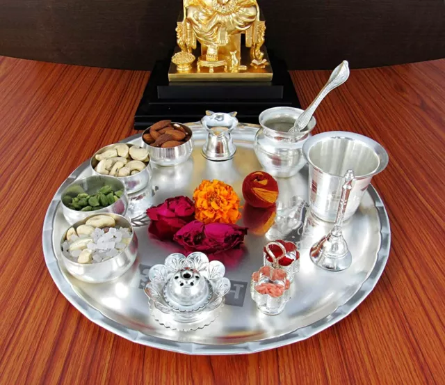 SILVER PLATED POOJA Puja Mandir Diwali Thali Set Plate Decorative Gift ...