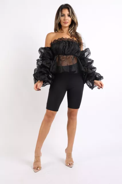 Women's Sexy Organza Sleeve Detailed Top and Matching Shorts 2 Piece Set holiday