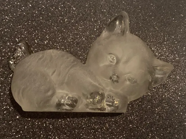 Vintage Viking Glass Kitty Cat Paperweight Clear Frosted Glass Decoration 6.5"