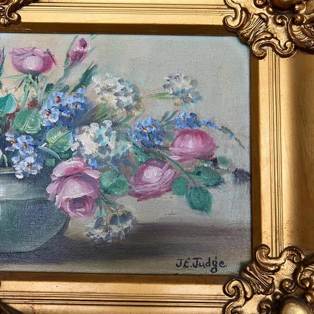 JE Judge (Janet Greenleaf) Roses Phlox Floral Vase Oil Painting Ornate Framed 4
