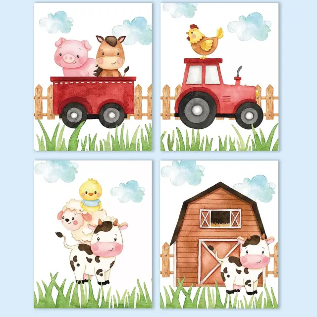 VICBOU 4 Pcs Watercolor Cute Farm Animals Wall Art Prints Nursery Decor Nursery