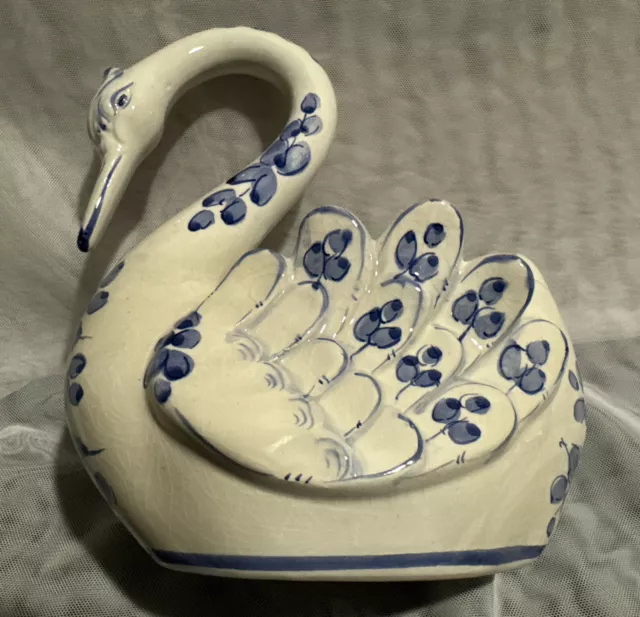 Vintage Pereiras Blue & White Porcelain Swan Vase Planter Basket