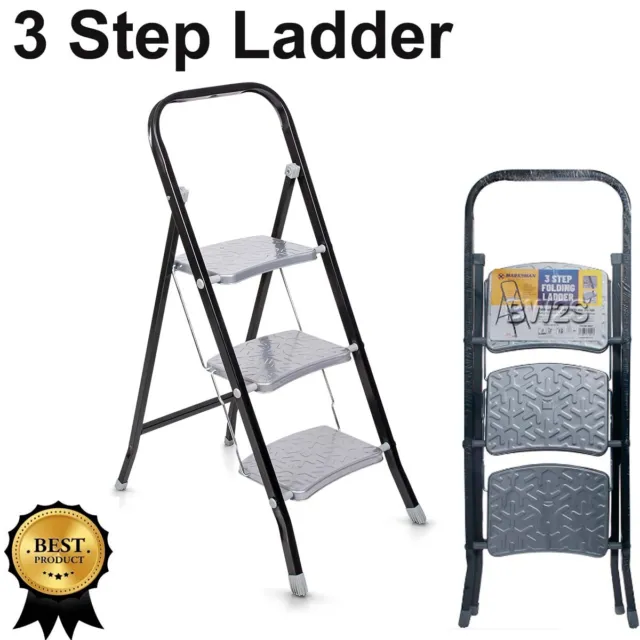 Foldable 3 Step Ladder Stepladder Non Slip Tread Safety Steel 71042C
