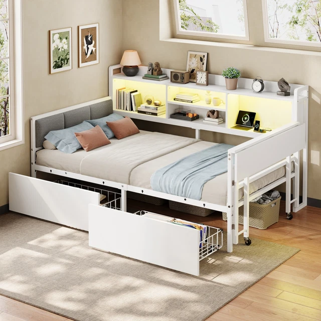 Single Bookcase 3FT SINGLE L-SHAPE Metal Bed Frame LED Lights Storage Drawers Bookcase ...