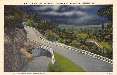 Postcard VA: Moonlight View Loop on Mill Mtn, Roanoke, Virginia, Linen, Unposted
