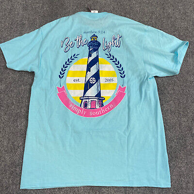 Simply Southern T-shirt L Blue Double Sided Lighthouse Be Light Mathew 5:14 NEW
