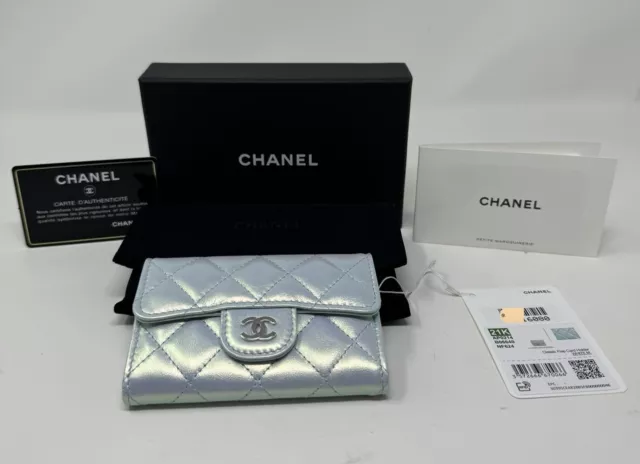 BNIB Chanel Classic Flap Card Holder 21K Light Blue Iridescent Calfskin Silver 3
