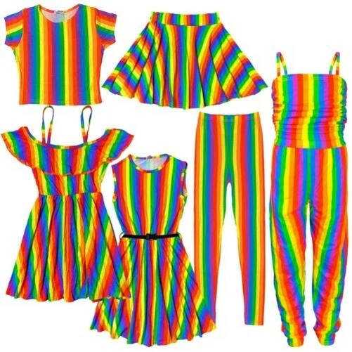 Bambine Arcobaleno Top Corto T Shirt Legging Spalla Scoperta Skater Abito 7-13