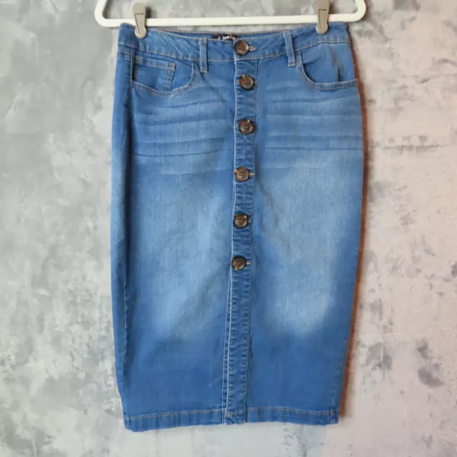 D JEANS Skirt Womens 8 Blue Denim Brown Buttons Pockets Midi Pencil Stretch