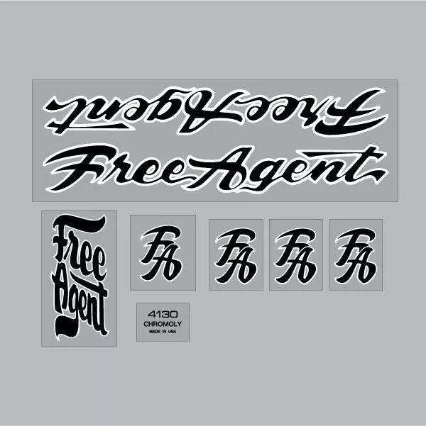 Free Agent - 84-89 - Black & White outline SHORT FORK on clear decal set - old s