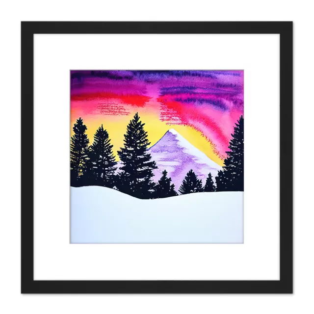 Vibrant Sunset Over Winter Forest Landscape Square Framed Wall Art Print 8X8 In