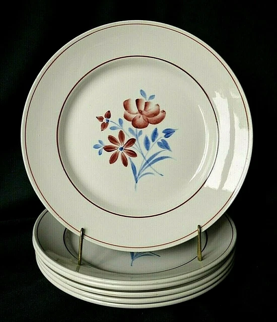 Lot De 6 Assiettes Plates Faïence Saint Amand Style Art Déco - Motif Géométrique Rouge/bleu (Occasion)