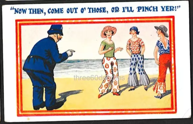 Vintage 1934 Postcard: Beach Ladies. Policeman. Come Out O'Those, I'll Pinch Yer