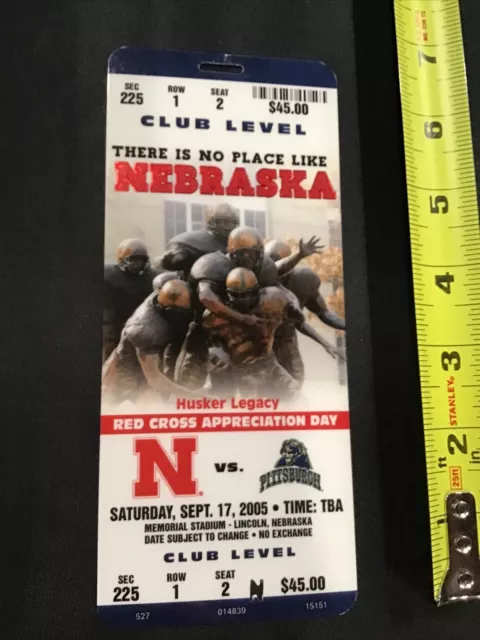2005 Nebraska Cornhuskers v Pittsburgh Stadium Club Football Ticket Pass