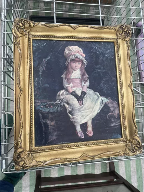 Antique Oil on Board Child Maid Portrait Painting Old Large Gold Coloured Frame