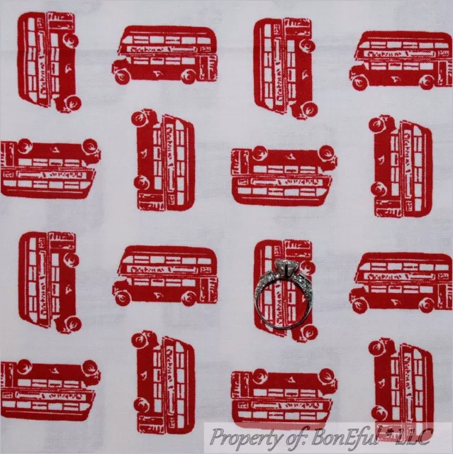 BonEful Fabric FQ Cotton Quilt White Red London British England EURO City Bus UK