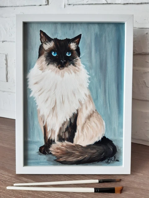 SIAMESE CAT PAINTING Pet Original Art Framed 12 by 9 Cat Blue Eyes Oil ...