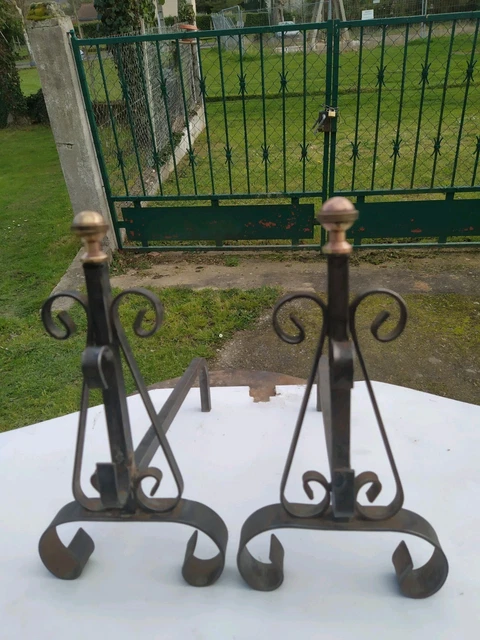 Chenets En Fer Forgé Vintage Années 70 - Boules Laiton, 40 Cm