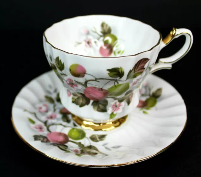 Queen Anne Vintage Bone China Tea Cup and Saucer Gold Green Pink Floral England