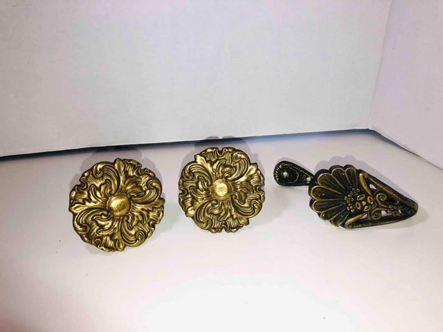 3 Vintage 1960’s Brass Japan Ornate Round Metal Drapery Curtain Tie Backs