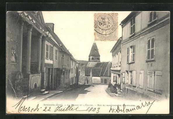 CPA Songeons, La Mairie et l´Eglise, Rue du Maréchal de Boufflers 1903