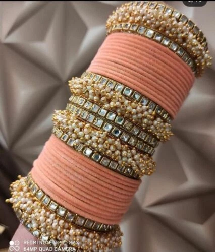 36 Teile Pfirsich Farbe Kundan Perlen Glas Samt Armreif Set Girl / Damen Schmuck