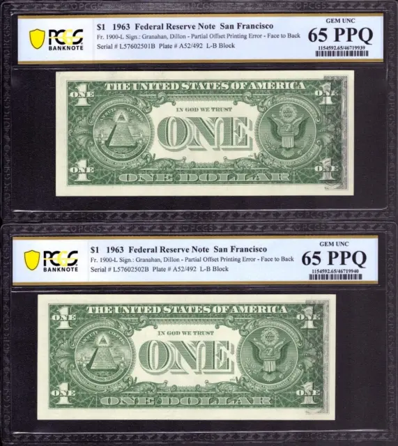 1963 $1 Frn San Francisco Sequential Offset Printing Error Notes Pcgs Gem 65 Ppq