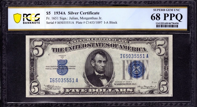 1934 A $5 Silver Certificate Fr.1651 Ia Block Pcgs B Superb Gem 68 Ppq Top Pop