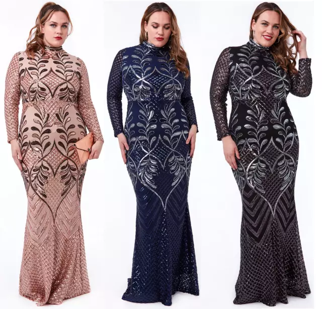 Goddiva Long Sleeve Embellished Sequin Evening Maxi Dress Prom Party Ball Gown