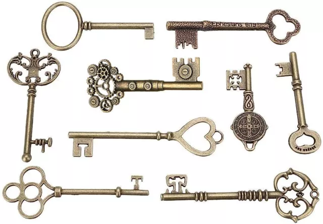 9pcs Keys BIG Large Antique Vintage old Brass Skeleton Lot for DIY Making Lock