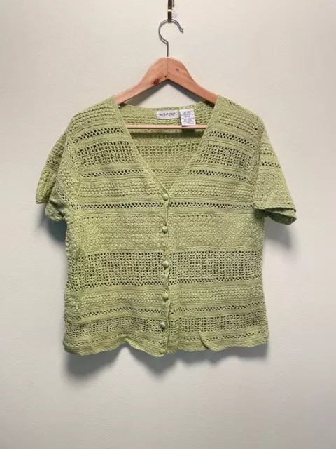 White Stag Womens Cardigan Size XL Green Crochet Short Sleeve Button Boho Y2K