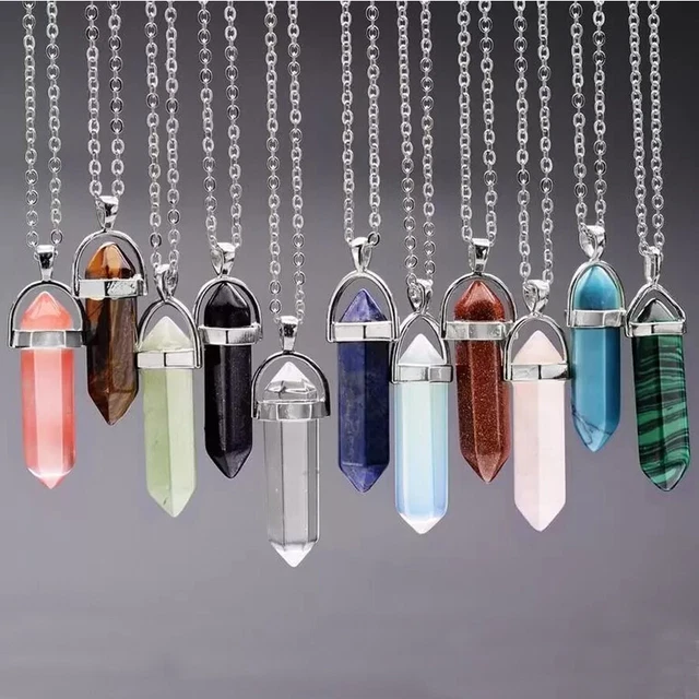 Gemstone Necklace Energy Healing Hexagonal Stone Pendant for Women Gift w/ Chain