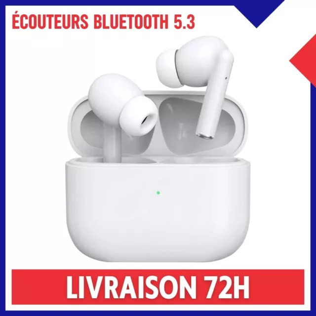 Écouteurs Bluetooth 5.3 Sans Fil Blanc Oreillette Stéréo HD Micro Etanche Étui