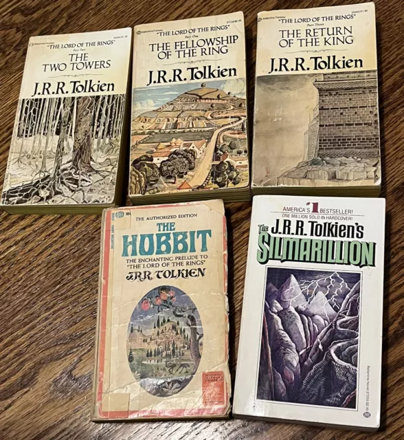 Vintage Lot of 5 JRR Tolkien Lord Of The Rings Trilogy Hobbit Simarillion