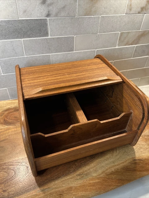 Vintage Teak Wooden Roll Top Desk Organizer-  Recipes Music CD Files