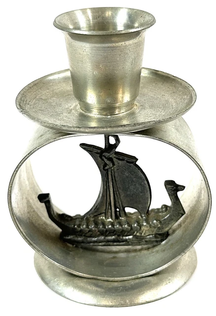 Vesttinn Bergen Nordic Viking Ship Pewter Candle Holder Hand Made in Norway