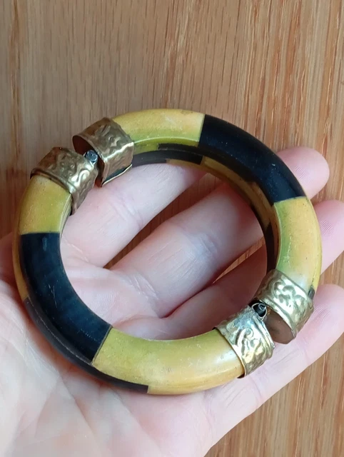 Bracelet Jonc Torque Rigide En Laiton – Bijou Ancien Vintage, Ouvert Avec Boules – Occasion, #K9