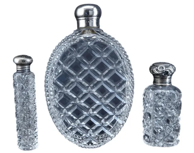 c1880 3 Cut Glass Perfume Bottles 2 with Sterling lids, one large flask