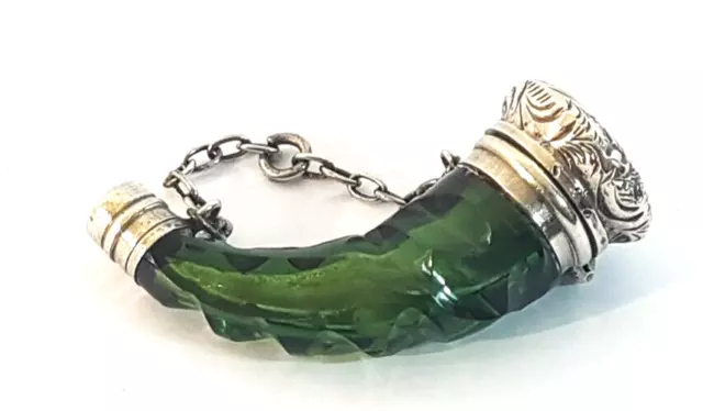 Sml Antique 19ct Cent 900 Silver Green Glass Cornucopia Chatelaine Scent Bottle