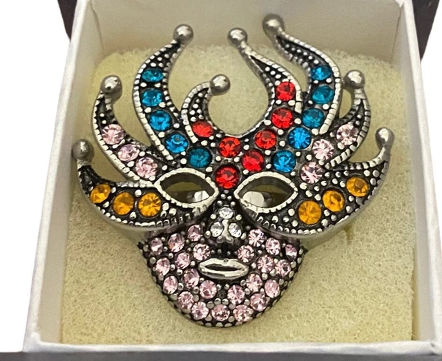 Fashion Ring- Masquerade Mask- crystals- Silver Color Size 8-pink blue red