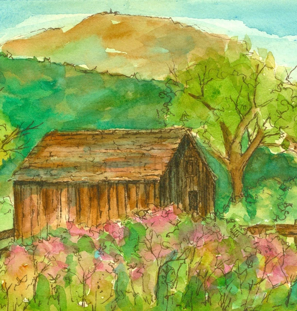 Autumn Barn Original Watercolor Fall Flowers Painting Desert Landscape