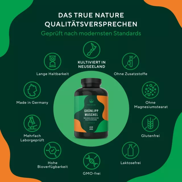 Grünlippmuschel - 450 Kapseln (500mg) - Hochdosiert: 2000mg - TRUE NATURE® 3