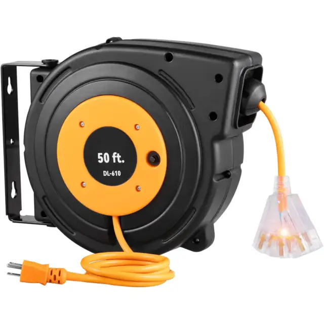 RETRACTABLE EXTENSION CORD Reel, 50 Ft, Heavy Duty 14AWG/3C SJTOW Power ...