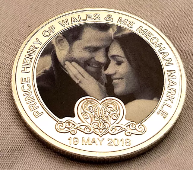 Prince Harry & Meghan Silver Medal Coin Spare Queen Elizabeth II Love Hearts UK