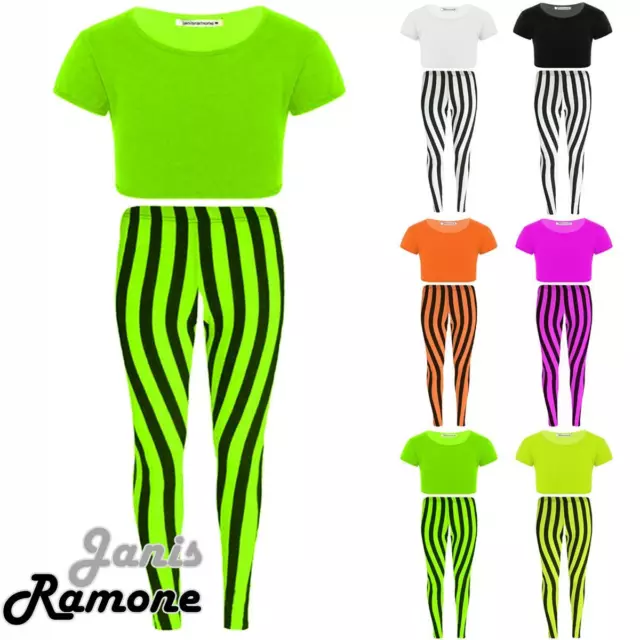 Kids Girls Neon Crop Top Vertical Stripe Leggings 2 Pc Dance Summer Set 7-13 Yrs